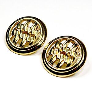 1980s Monet Clip-On Earrings Vintage Gold Tone Pierced Basket Weave 1" Round